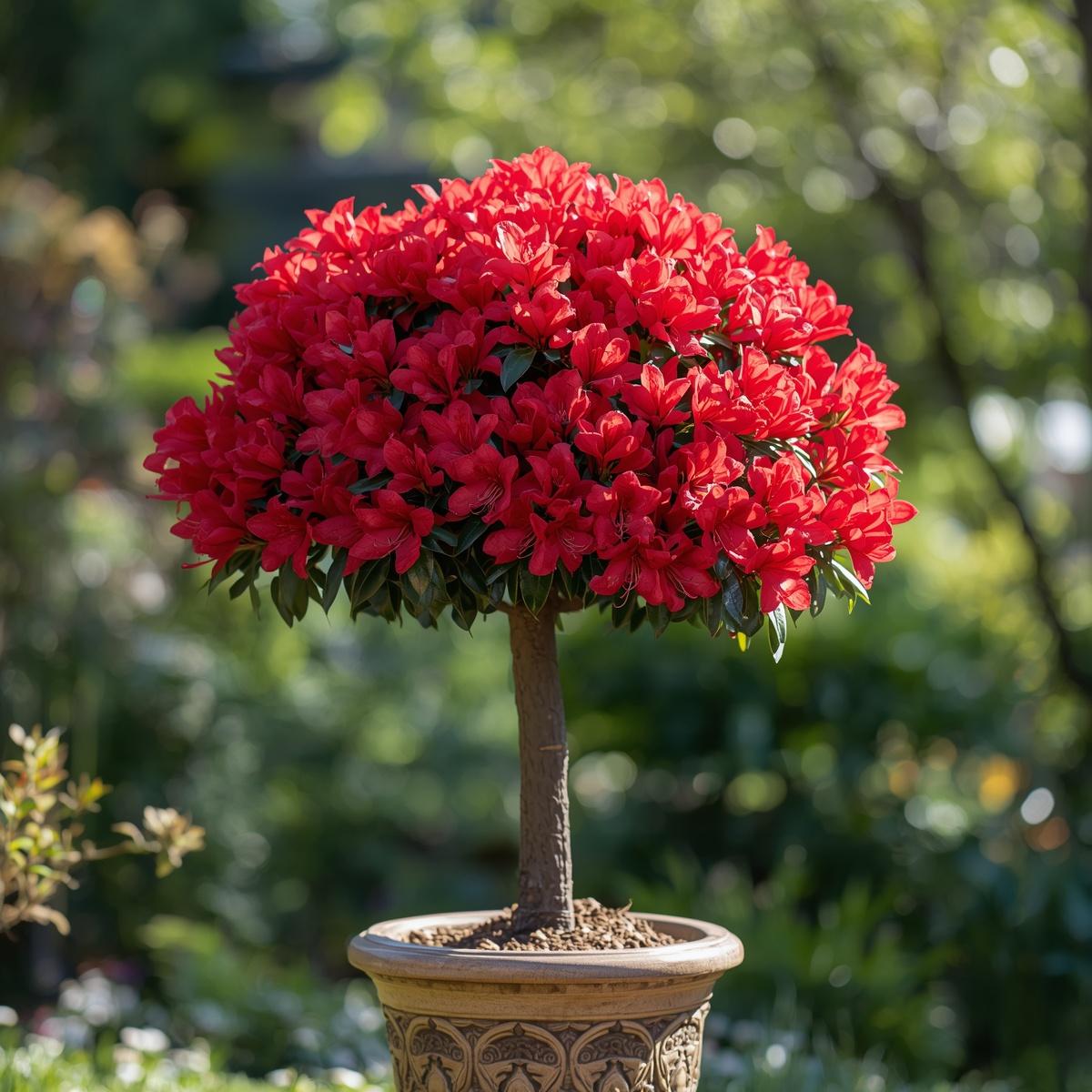 Make me a picture of a Rhododendron Shrub in a tree form in red in a decor pot and place it in a garden (1) (1)