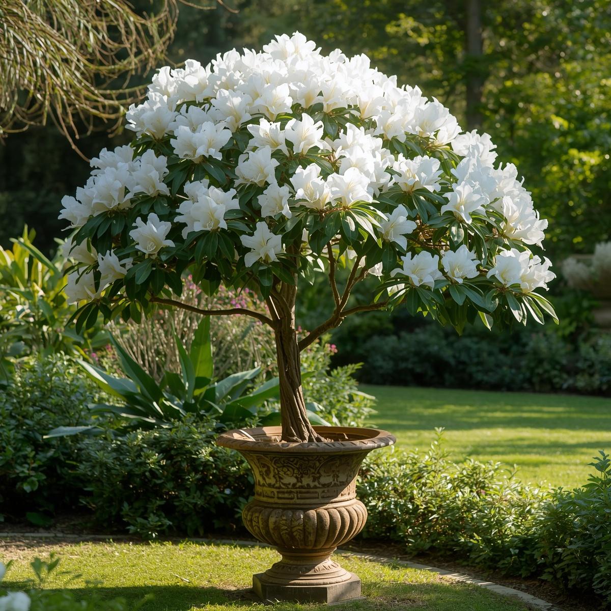 Make me a picture of a Rhododendron Shrub in a tree form in white in a decor pot and place it in a garden (1)