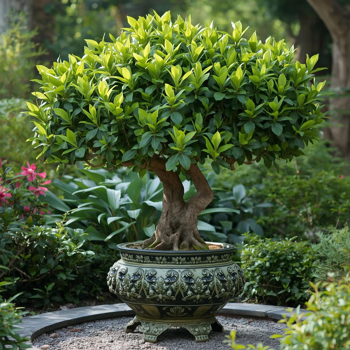 Make me an image of a Rhododendron Shrub TREE in a decorative pot that is placed in the garden. Make the Rhododendron Shrub tree NOT in bloom (1)