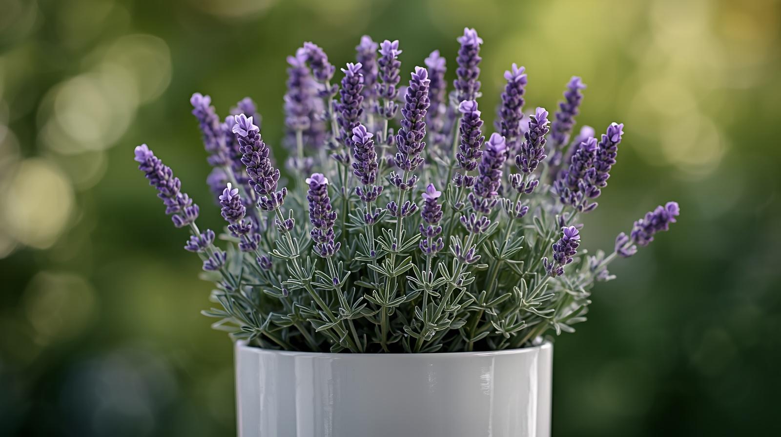 picture of a lavender plant in a white plant pot